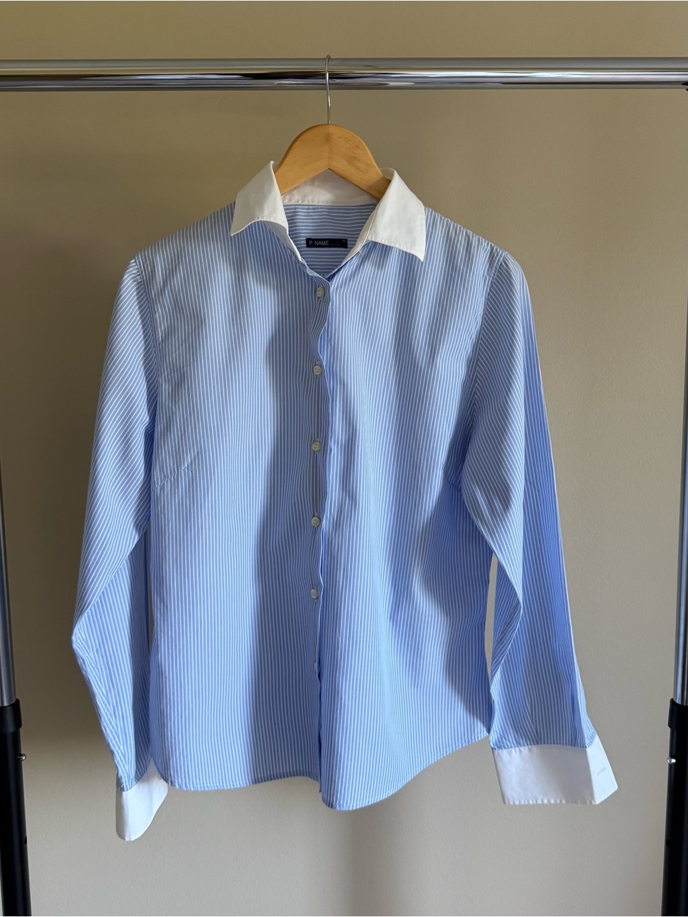 Women’s Blue Pinstripe Dress Shirt with White Contrasting Collar